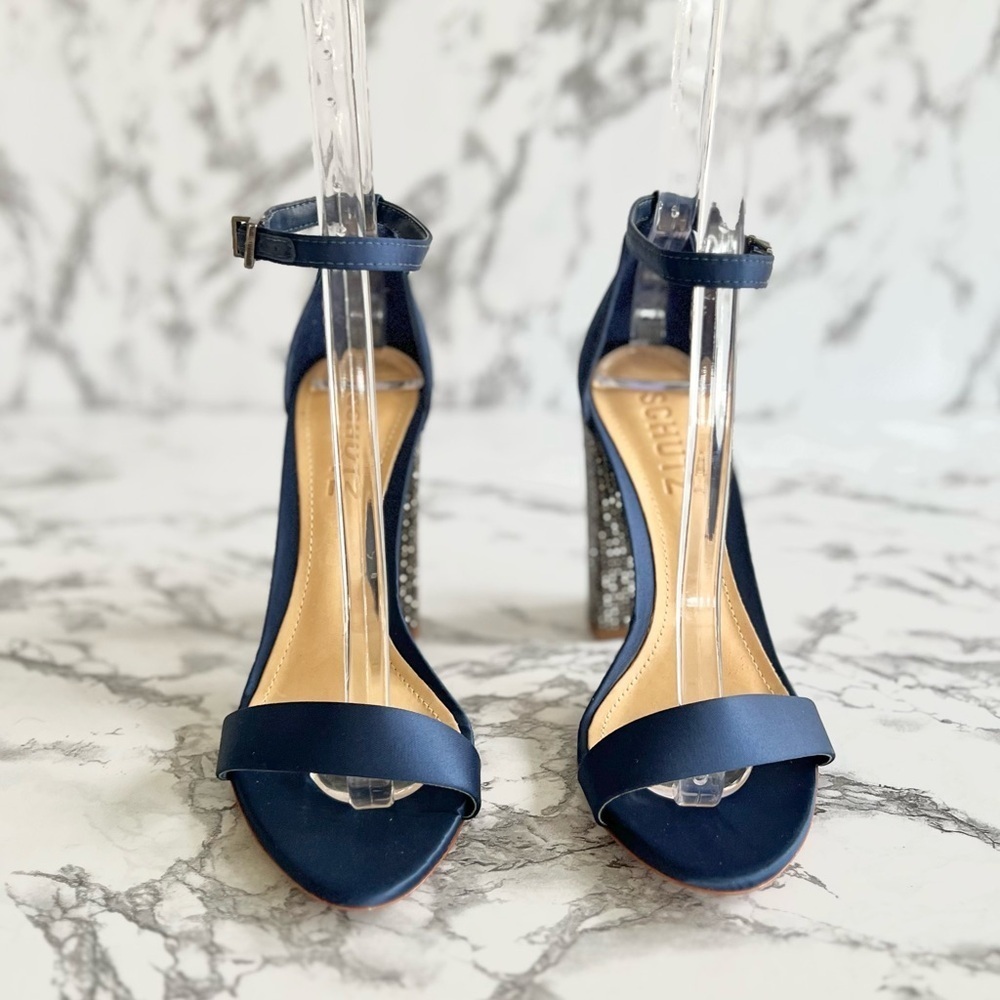 Schutz Hara Sandals Blue Satin Rhinestone Block Heel Ankle Strap 6 Cocktail Glam - Picture 6 of 17